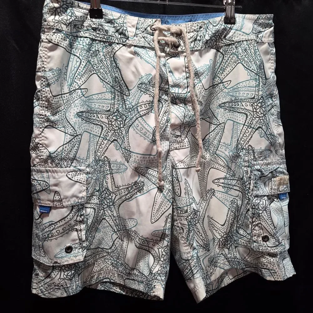 J. Crew Mens 33 Y2K Cargo Starfish Octopus Board Shorts Swim Trunks White Blue